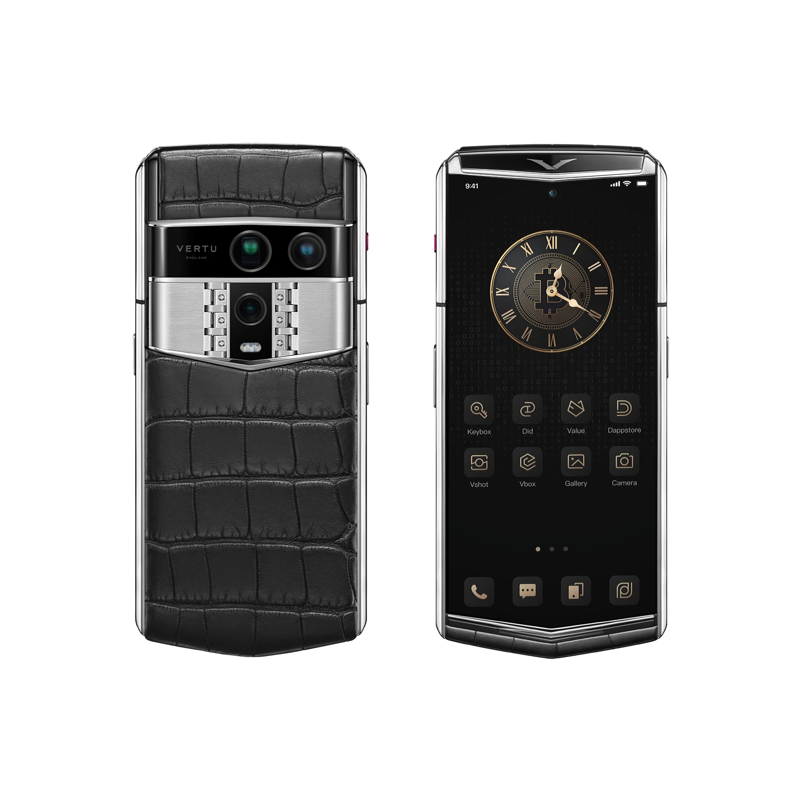 Vertu Agent Q Alligator Iron Black luxury smartphone front and back view featuring premium alligator leather in iron black, elegant design and high-end craftsmanship