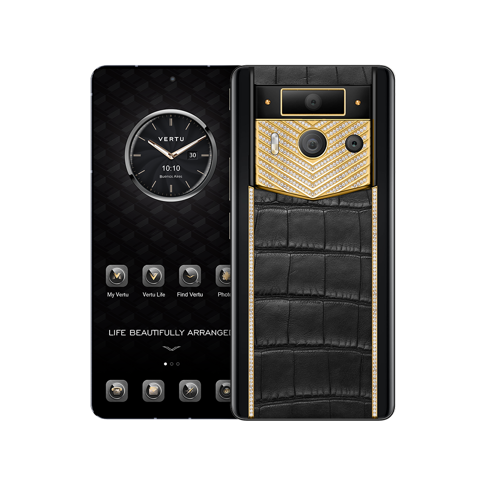 METAVERTU 2 LUXURY CUSTOM-MADE GOLD V-SHAPED WITH DIAMONDS ALLIGATOR SKIN WEB3 AI PHONE - BLACK