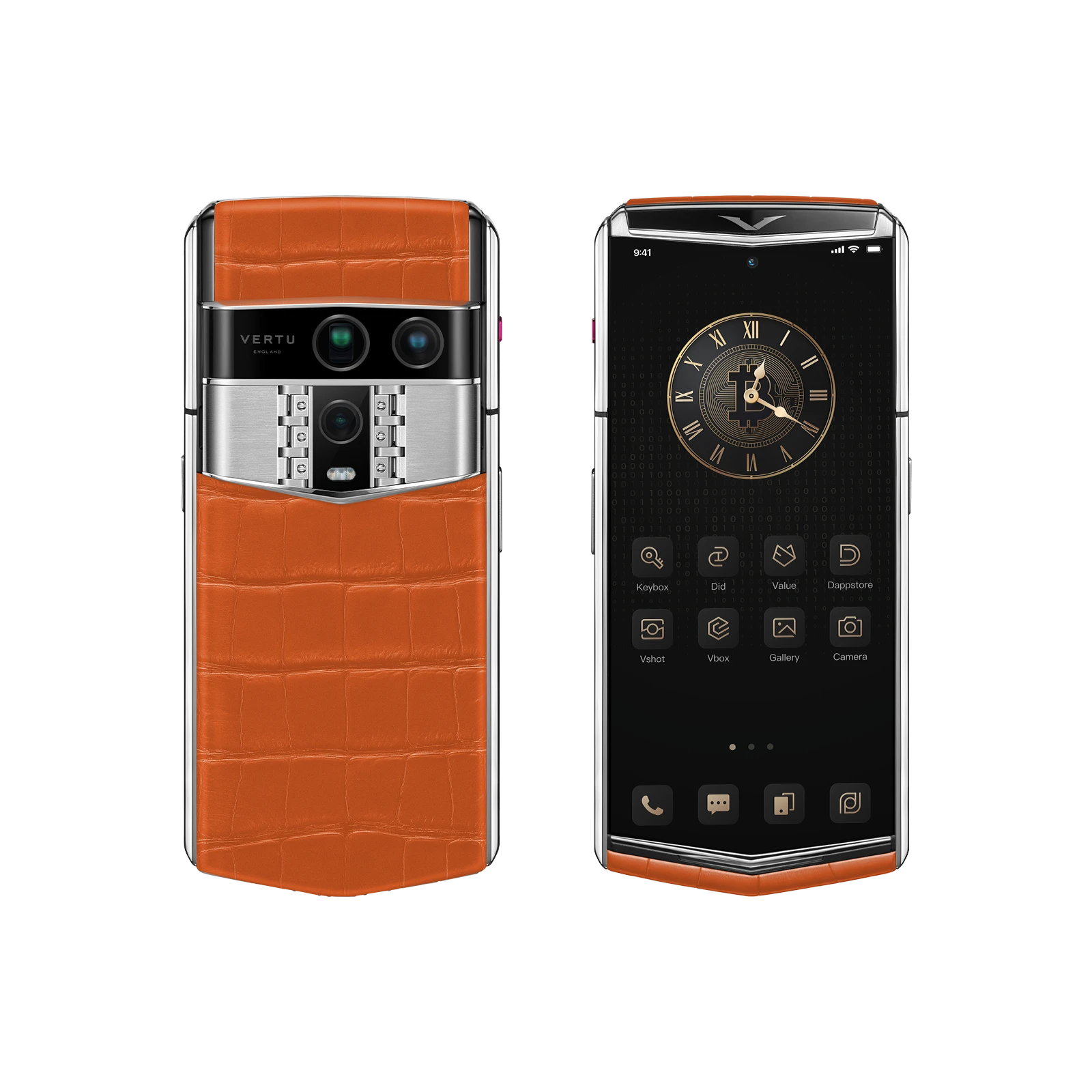Vertu Agent Q Colourful Alligator Radiant Phoenix luxury smartphone front and back view featuring premium alligator leather with radiant phoenix inspired design, sophisticated style and refined craftsmanship
