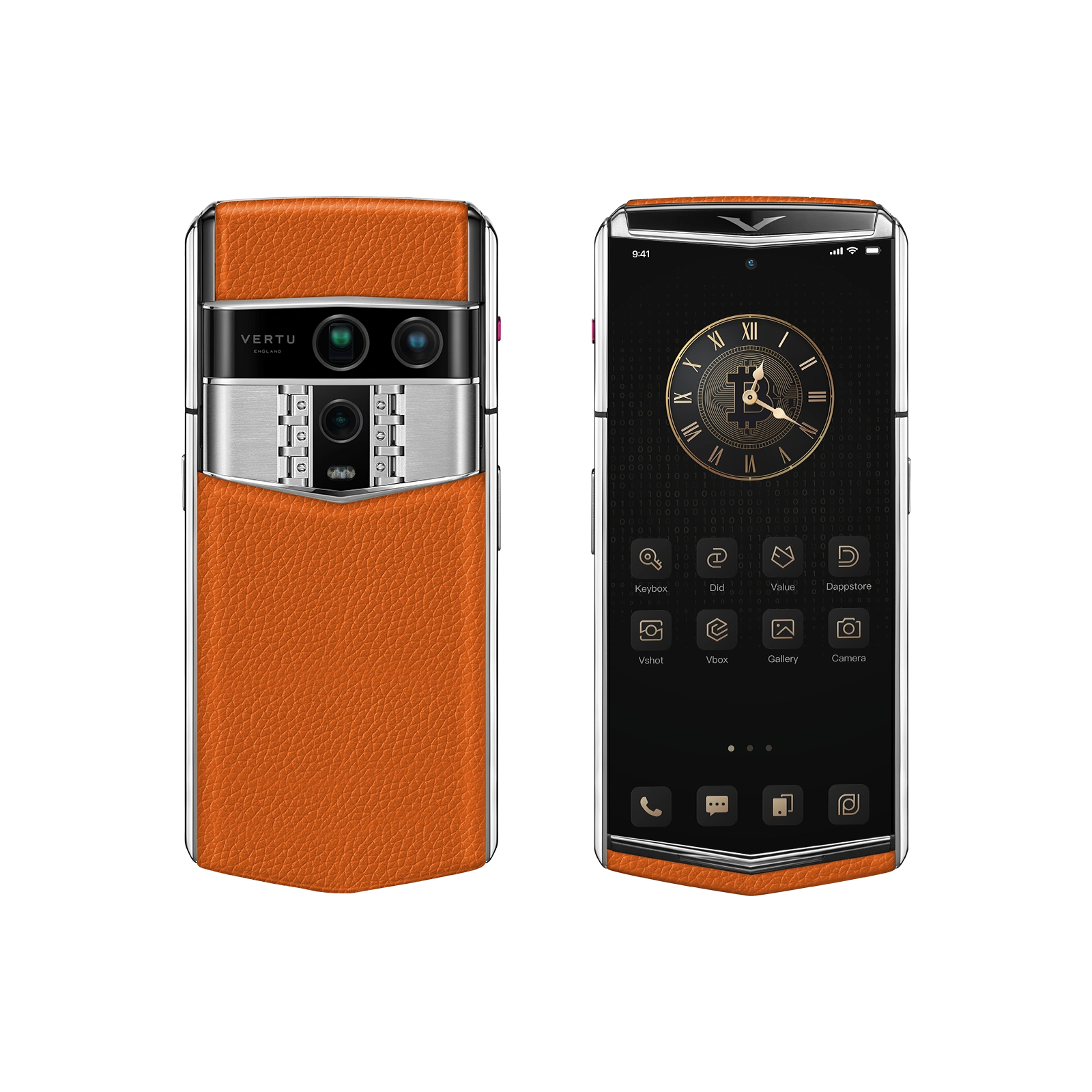 Vertu Agent Q Grained Calfskin Dawning Orange luxury smartphone front and back view featuring premium grained calfskin leather in warm dawning orange, elegant design and refined craftsmanship