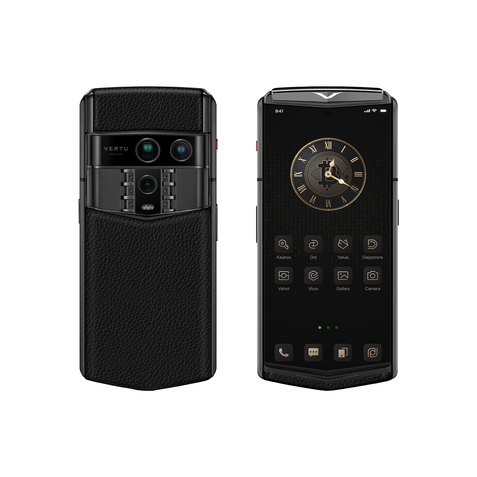 Vertu Agent Q Grained Calfskin Jade Black luxury smartphone front and back view featuring premium grained calfskin leather in jade black, sophisticated design and high-end craftsmanship